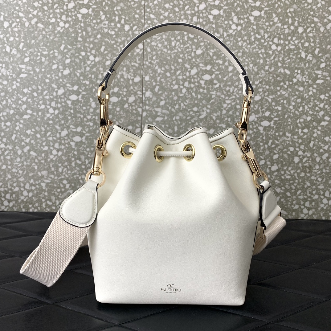 Valentino Garavani Loco Bucket Bag in Ivory Calfskin Leather